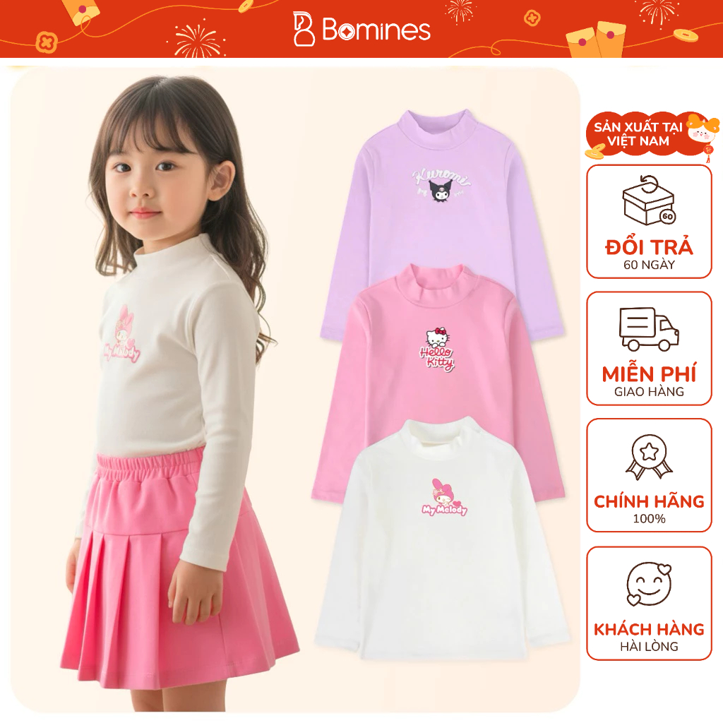 เสื้อเชิ้ตแขนยาวเด็กผู้หญิง Kuromi Hello Kitty Bomines เสื้อคอเต่าซี่โครงผ้าฝ้ายรูปตัว เสื้อระบายควา