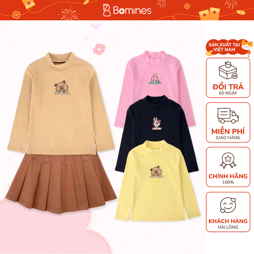 Capybara Labubu Kuromi Bomines เสื้อเชิ้ตแขนยาวเด็กผู้หญิงคอเต่าซี่โครงผ้าฝ้ายรูปตุ๊กตาความร้อนสําหร