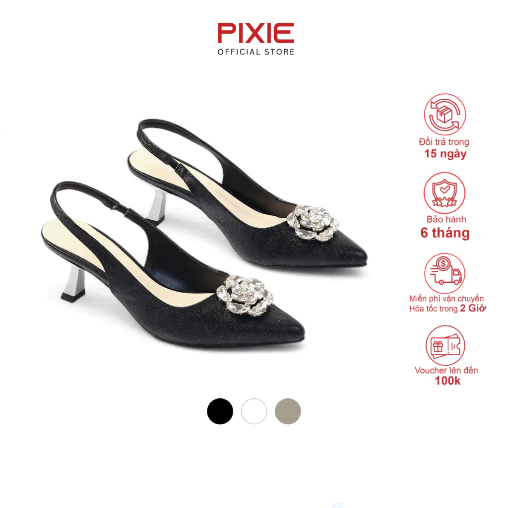 [รูปแบบเล็ก 0.5] Slingback Shoes 5cm Sparkling PU Leather with Pixie Rose Stone H416