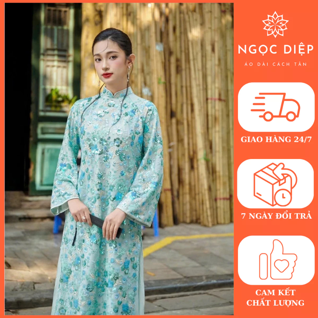 SA Noble Modern Ao Dai, 2026 Tet Ao Dai สําหรับผู้หญิง, เลื่อมคุณภาพสูง Ao Dai - สีฟ้า - เงิน Diep A