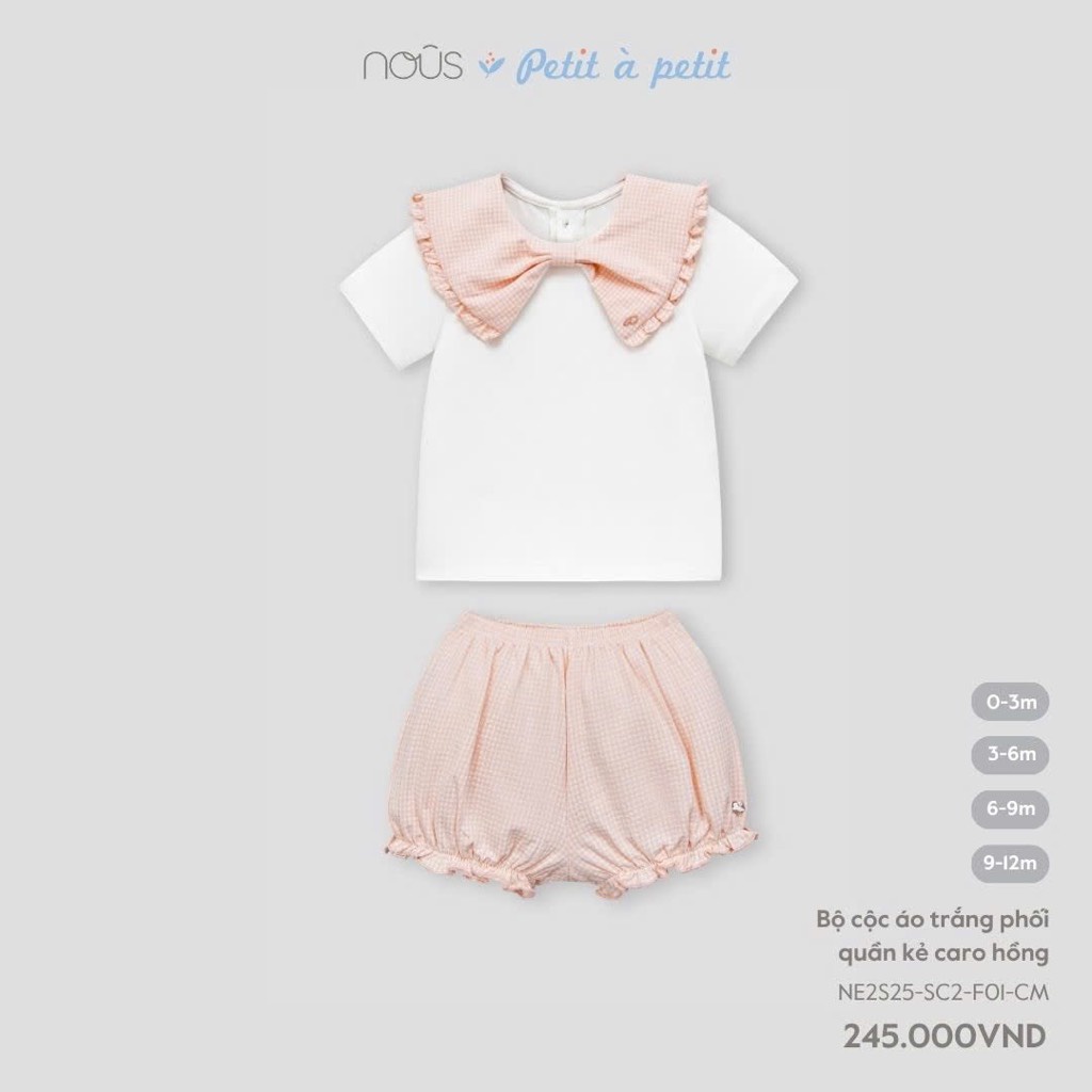 NOUS - ชุดเสื้อขาวและกางเกงลายตารางชมพู-0M 3M 6M 9M - SS25.T4A-ZN838