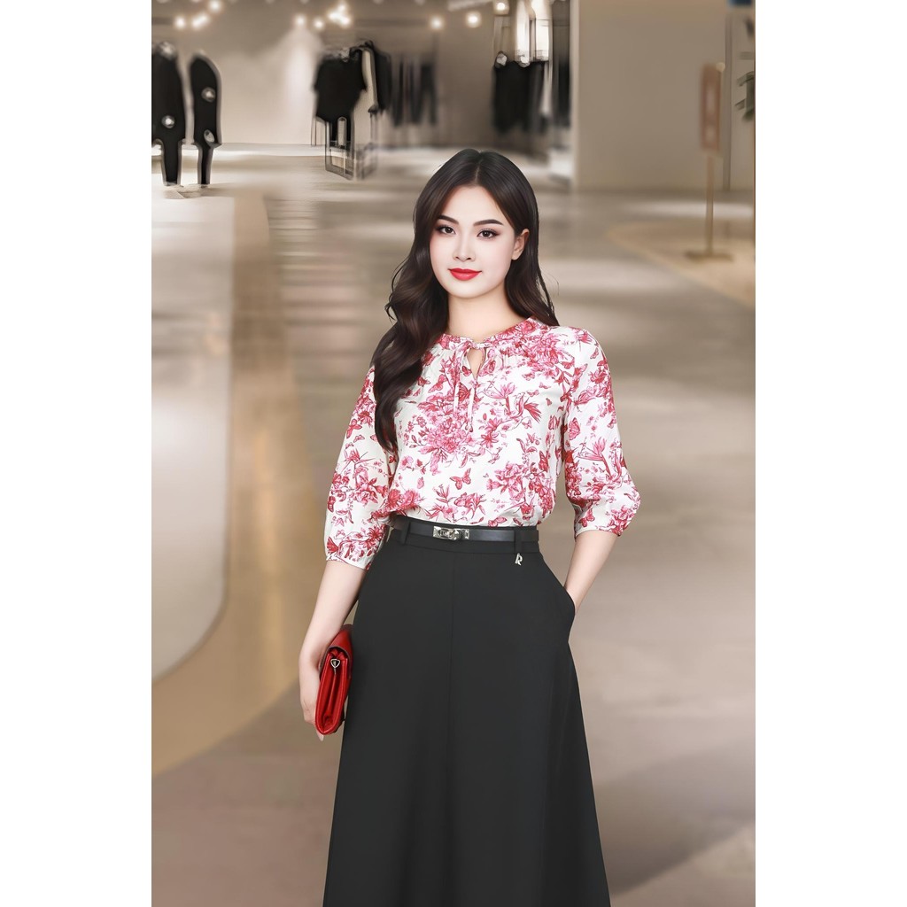 เสื้อเชิ้ตแขนสั้นผ้าไหมดอกไม้พระจันทร์สีแดงคอปกผูกโบว์ ADB2171TRDO