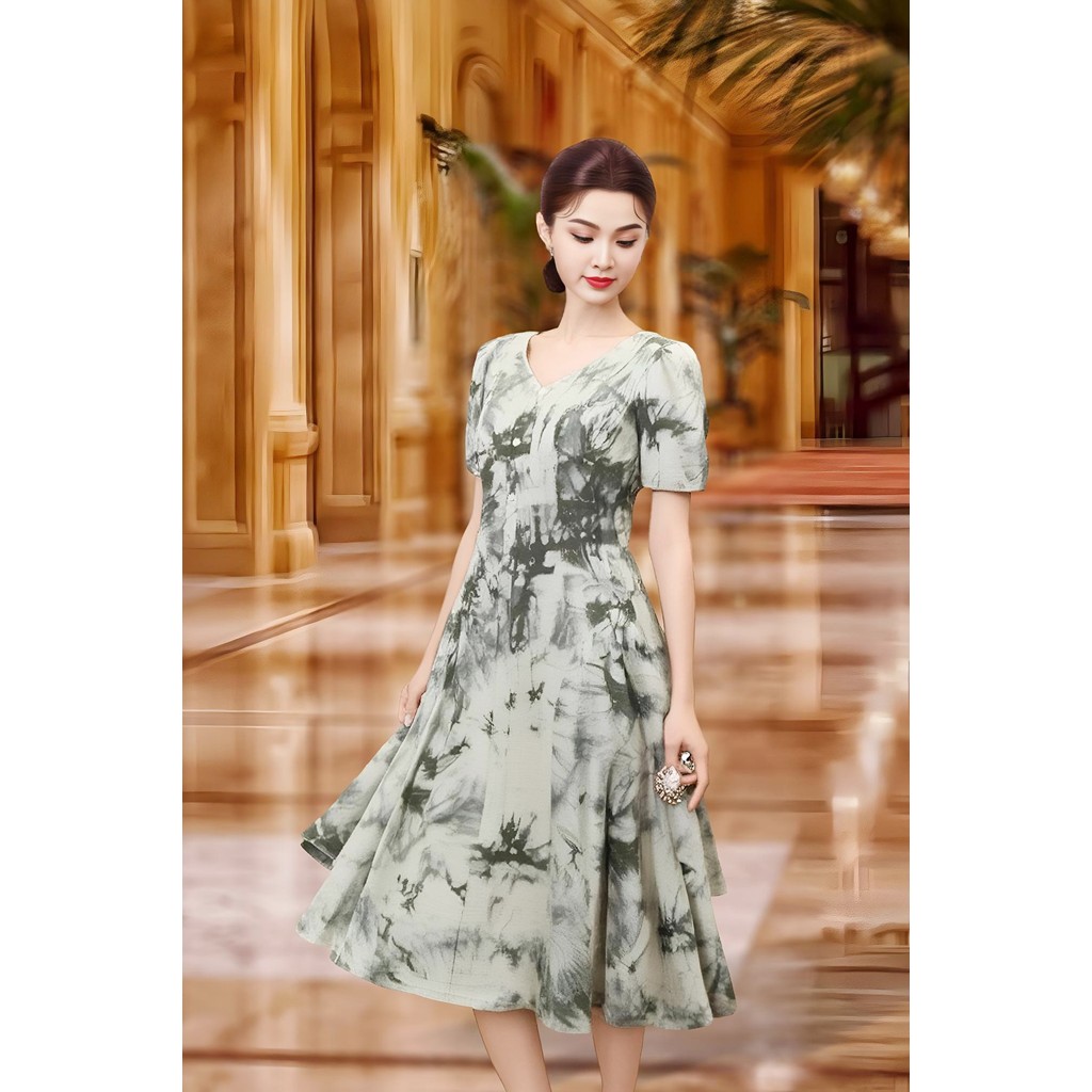 ชุดเดรสแขนสั้น 2 ชั้น คุณภาพสูง ลายมอสสีเบจ คอปกรูปหัวใจ ขาจับจีบ กระดุมตกแต่ง DDB0143RE