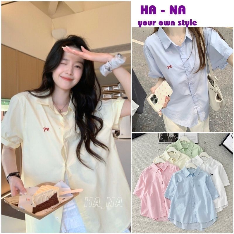 - Kate Han Womens Loose Official Shirt Short Sleeve ปัก Bow Basic Youthful and Pretty - HANA