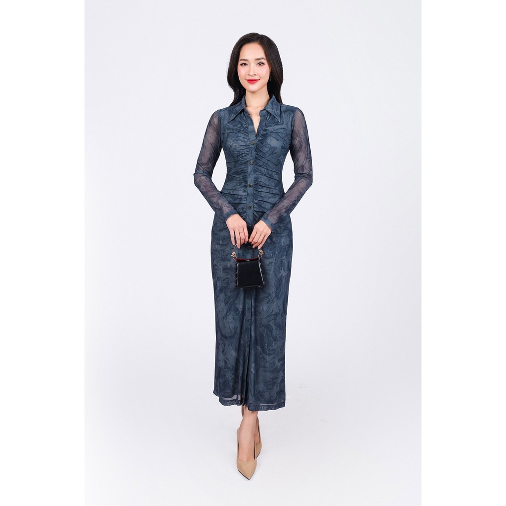 FDP93451 - เดรสตาข่ายสตรีทคอเยอรมัน แขนยาว กระโปรงระบาย กระดุมหน้า ซิปหลัง - PANTIO