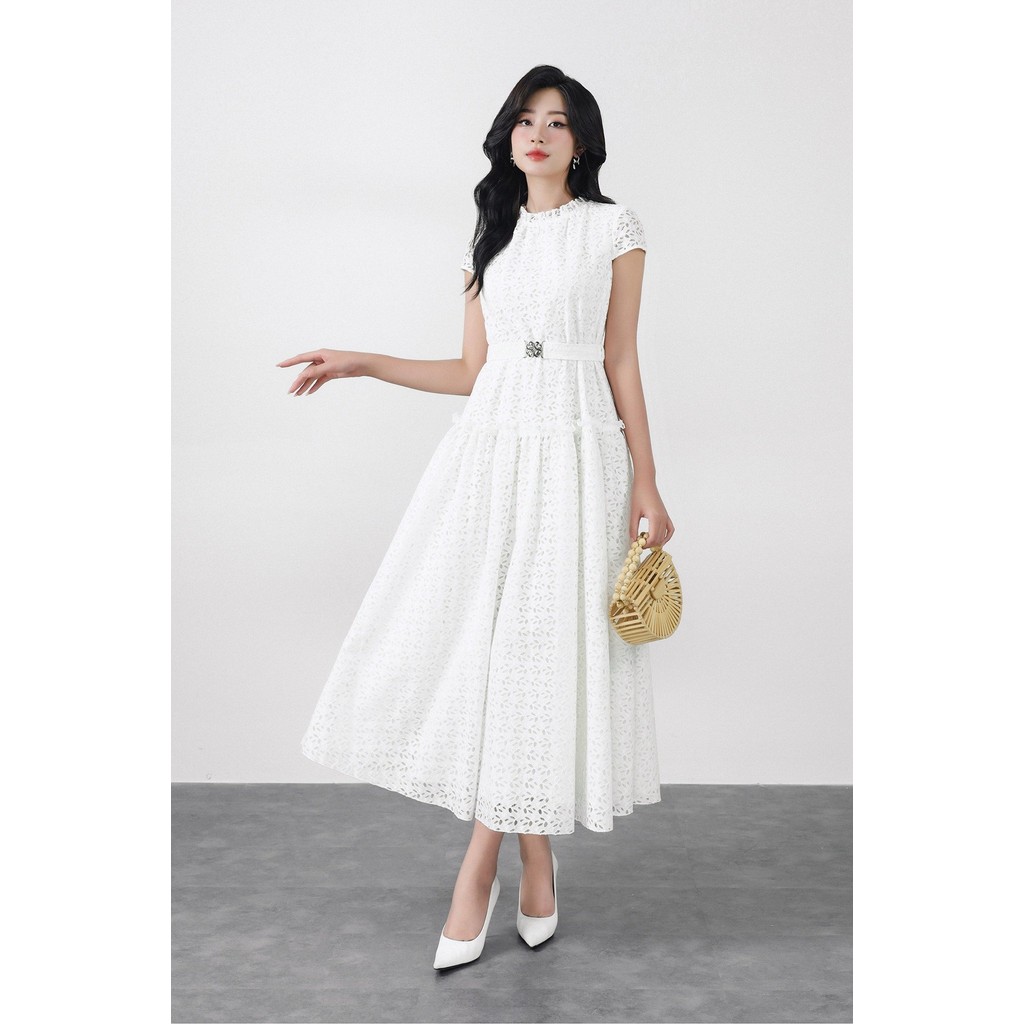 FDC15242 - ชุดเดรสลูกไม้ออฟฟิศคอกลมแต่งขอบลูกไม้เพื่อสร้างแบบซิป-หลัง - หอบ