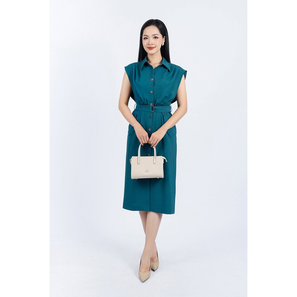 FDC34151 - ชุดเดรสสํานักงาน tulle Slim คอปกเยอรมัน เอวปาดไหล่ และสายรัดแบบติดกระดุมด้านหน้า - PANTIO