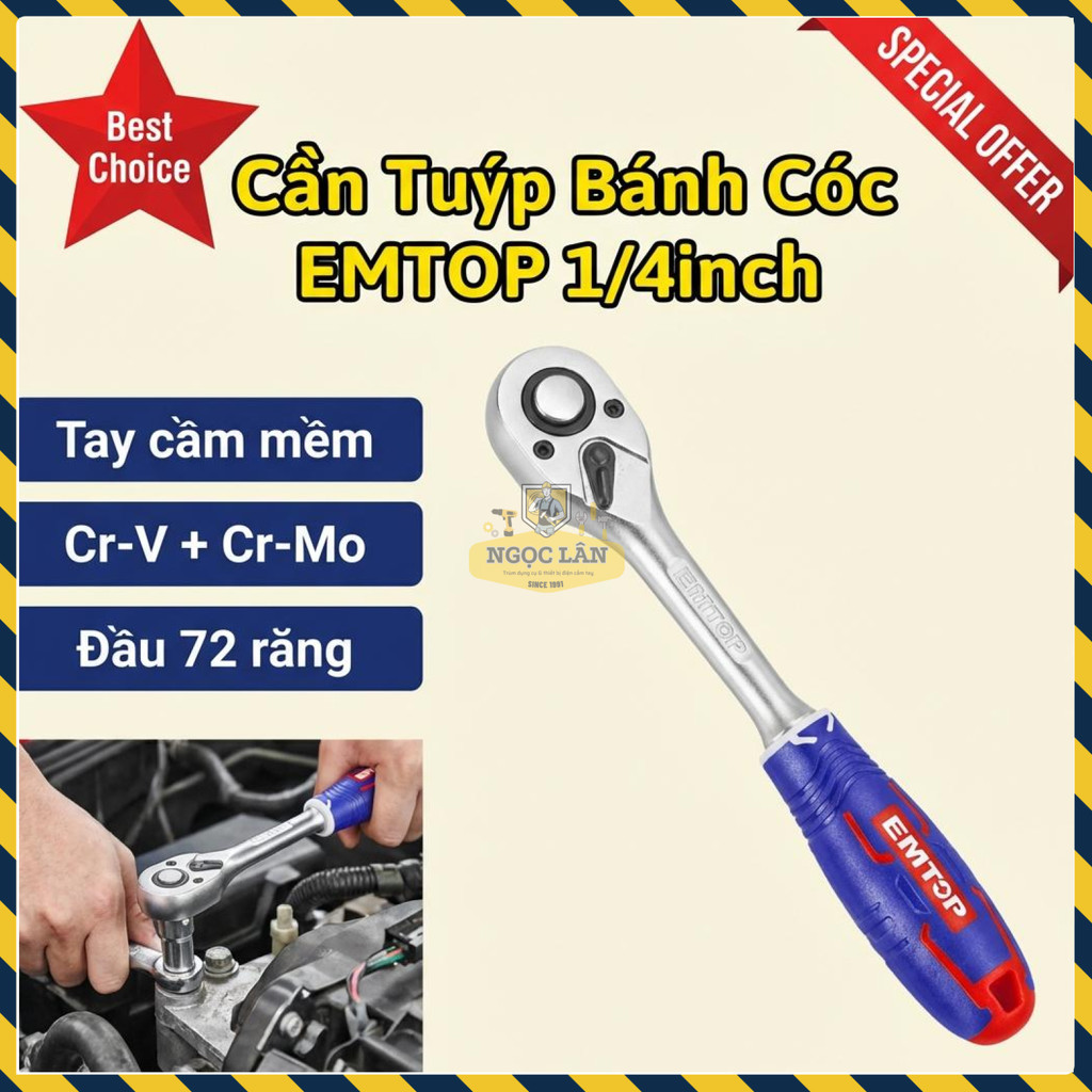 1/4 Ratchet Tube Twister" EMTOP 72T, ด้ามจับนุ่มสามสี, Cr-V คุณภาพสูง