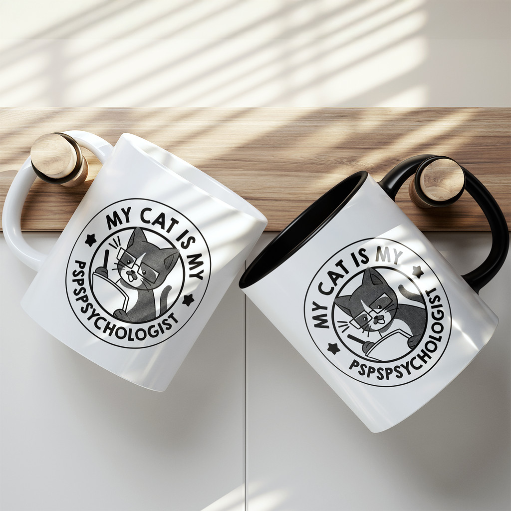 My Cat Is My Pspsychology Cat ถ้วยเซรามิกพร้อมพิมพ์ 2 ด้านตลกสําหรับคนรักแมวและพนักงานออฟฟิศ